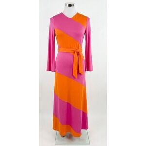 Karen Millen maxi dress 10 Large pink orange colorblock belted stretches New